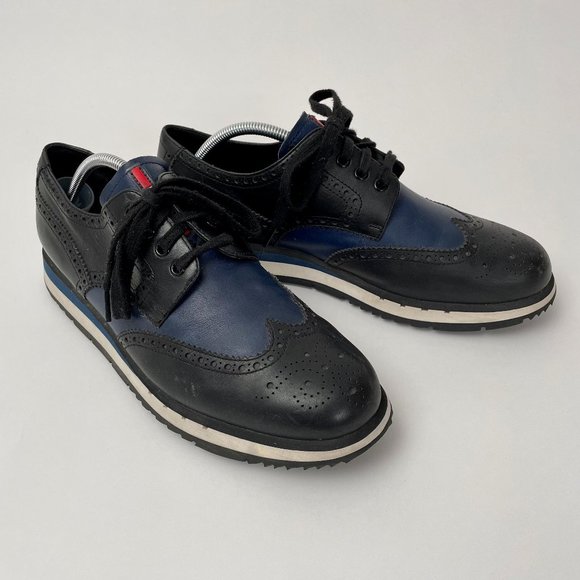 Prada Vit Montana Calf Leather Platform Wing Tip Brogues, Black/Navy, Size 11 - Picture 1 of 16